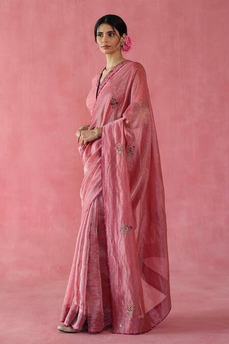 Begum_Peach Silk, Satin Embroidery, Sequins V-neck Anjeer Zari Saree Set _at_Aza_Fashions