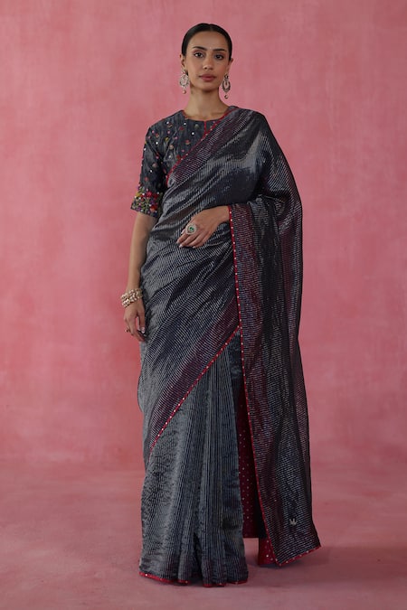 Shop Begum Blue Silk Embroidery Round Neck Zari Ghevar Saree Set at Aza Fashions Shop_Begum_Blue Silk Embroidery Round Neck Zari Ghevar Saree Set _at_Aza_Fashions