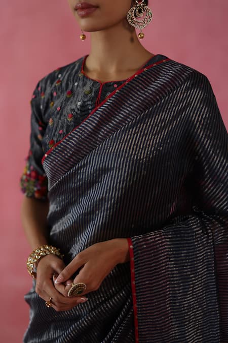 Begum Blue Silk Embroidery Round Neck Zari Ghevar Saree Set Online at Aza Fashions Begum_Blue Silk Embroidery Round Neck Zari Ghevar Saree Set _Online_at_Aza_Fashions