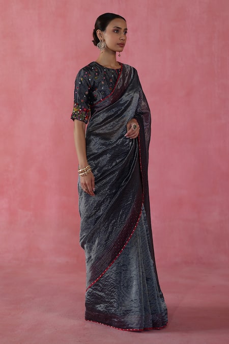 Buy Begum Blue Silk Embroidery Round Neck Zari Ghevar Saree Set Online at Aza Fashions Buy_Begum_Blue Silk Embroidery Round Neck Zari Ghevar Saree Set _Online_at_Aza_Fashions