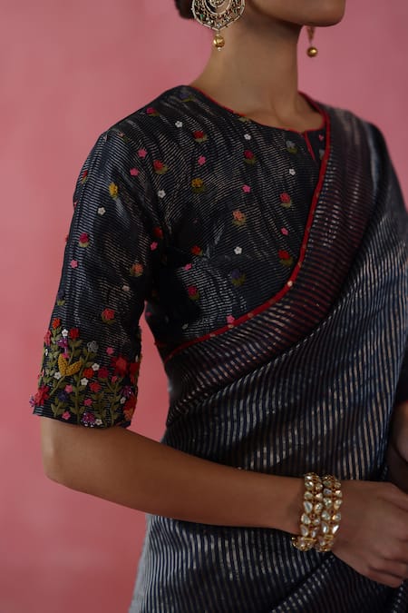 Shop Begum Blue Silk Embroidery Round Neck Zari Ghevar Saree Set Online at Aza Fashions Shop_Begum_Blue Silk Embroidery Round Neck Zari Ghevar Saree Set _Online_at_Aza_Fashions