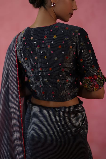 Begum Blue Silk Embroidery Round Neck Zari Ghevar Saree Set at Aza Fashions Begum_Blue Silk Embroidery Round Neck Zari Ghevar Saree Set _at_Aza_Fashions