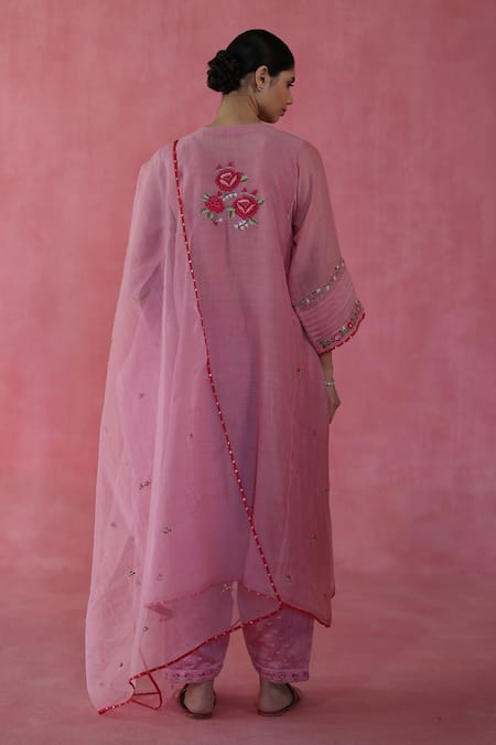 Shop Begum Pink Chanderi Silk, Cotton, Organza Embroidery, Beads Round Neck Kulfi Kurta Set at Aza Fashions Shop_Begum_Pink Chanderi Silk, Cotton, Organza Embroidery, Beads Round Neck Kulfi Kurta Set _at_Aza_Fashions