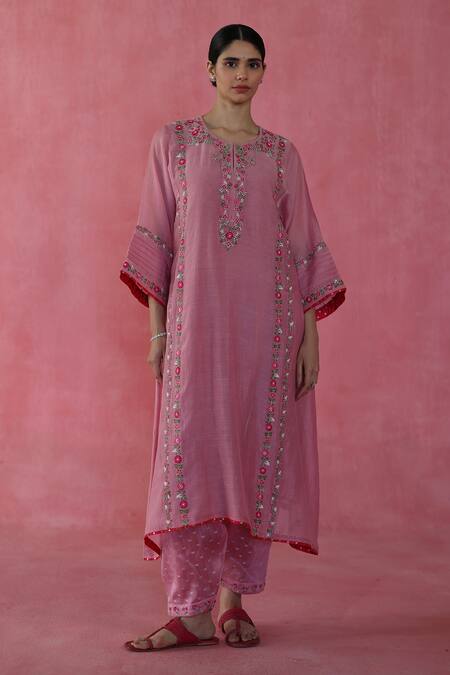 Shop Begum Pink Chanderi Silk, Cotton, Organza Embroidery, Beads Round Neck Kulfi Kurta Set Online at Aza Fashions Shop_Begum_Pink Chanderi Silk, Cotton, Organza Embroidery, Beads Round Neck Kulfi Kurta Set _Online_at_Aza_Fashions