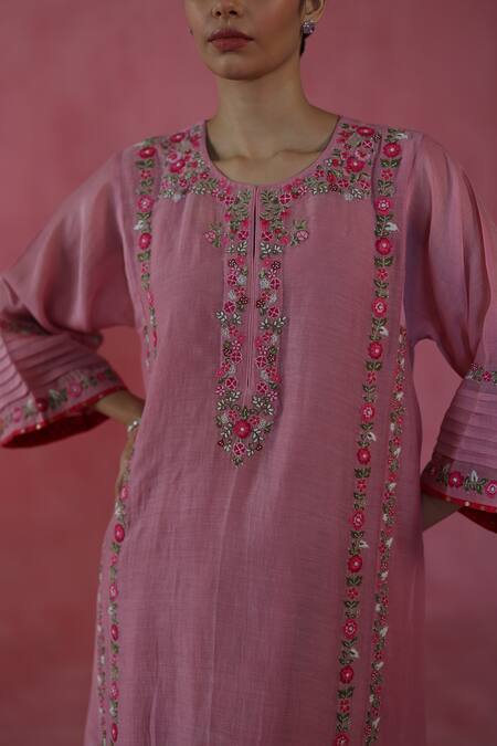 Begum_Pink Chanderi Silk, Cotton, Organza Embroidery, Beads Round Neck Kulfi Kurta Set _at_Aza_Fashions