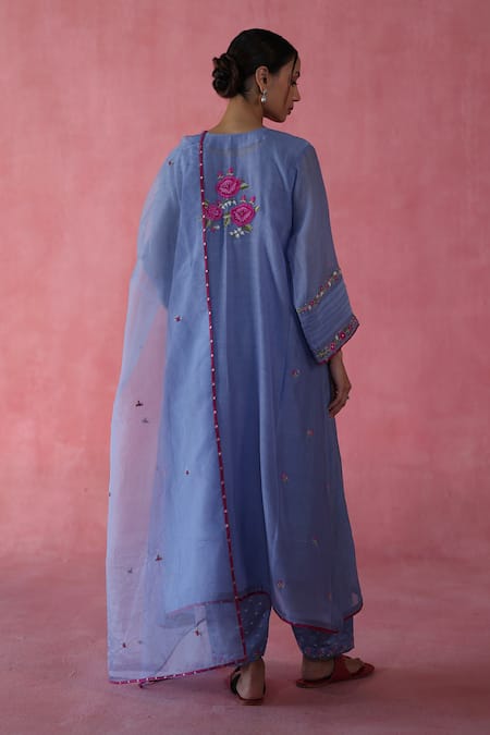Shop Begum Blue Chanderi Silk, Cotton, Organza Embroidery, Beads Round Kulfi Kurta Set at Aza Fashions Shop_Begum_Blue Chanderi Silk, Cotton, Organza Embroidery, Beads Round Kulfi Kurta Set _at_Aza_Fashions