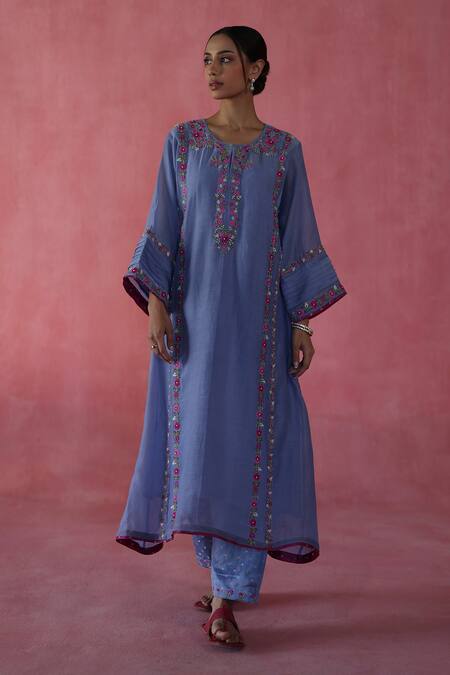 Shop Begum Blue Chanderi Silk, Cotton, Organza Embroidery, Beads Round Kulfi Kurta Set Online at Aza Fashions Shop_Begum_Blue Chanderi Silk, Cotton, Organza Embroidery, Beads Round Kulfi Kurta Set _Online_at_Aza_Fashions