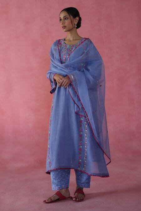Begum Blue Chanderi Silk, Cotton, Organza Embroidery, Beads Round Kulfi Kurta Set at Aza Fashions Begum_Blue Chanderi Silk, Cotton, Organza Embroidery, Beads Round Kulfi Kurta Set _at_Aza_Fashions