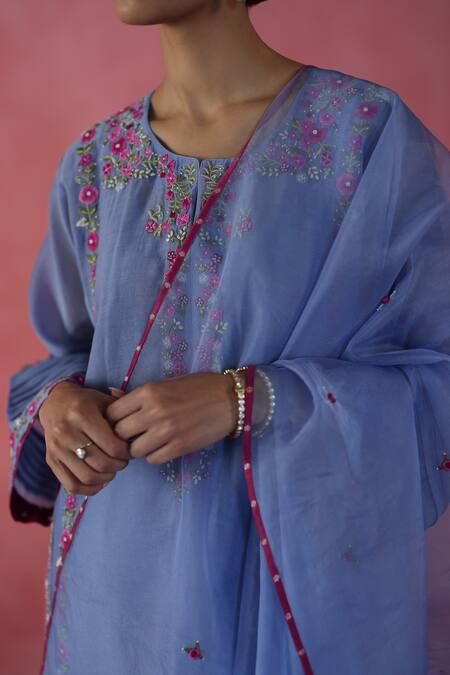Buy_Begum_Blue Chanderi Silk, Cotton, Organza Embroidery, Beads Round Kulfi Kurta Set 