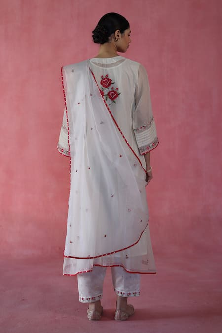 Shop_Begum_Ivory Chanderi Silk, Cotton, Organza Embroidery, Beads Split Kulfi Kurta Set _at_Aza_Fashions