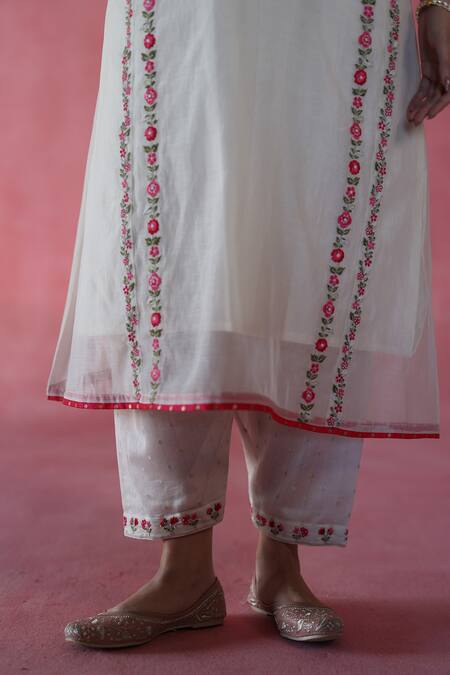 Begum_Ivory Chanderi Silk, Cotton, Organza Embroidery, Beads Split Kulfi Kurta Set _Online_at_Aza_Fashions