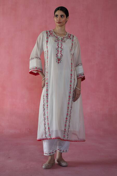 Buy_Begum_Ivory Chanderi Silk, Cotton, Organza Embroidery, Beads Split Kulfi Kurta Set _Online_at_Aza_Fashions