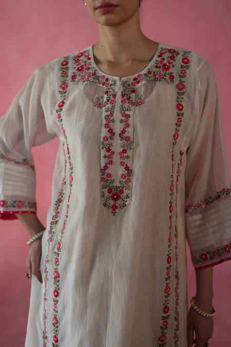 Shop_Begum_Ivory Chanderi Silk, Cotton, Organza Embroidery, Beads Split Kulfi Kurta Set _Online_at_Aza_Fashions
