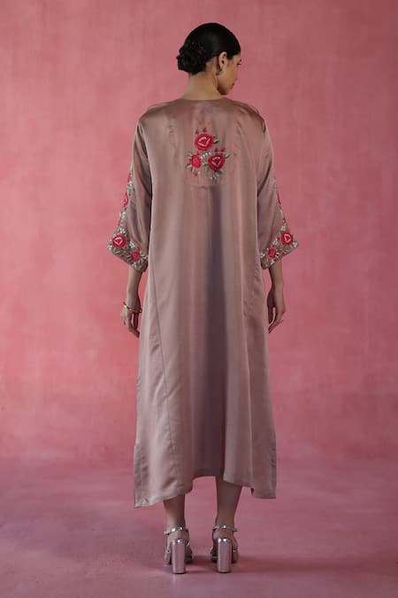 Shop_Begum_Beige Silk Embroidery V-neck Dola Sheermal Kaftan _at_Aza_Fashions