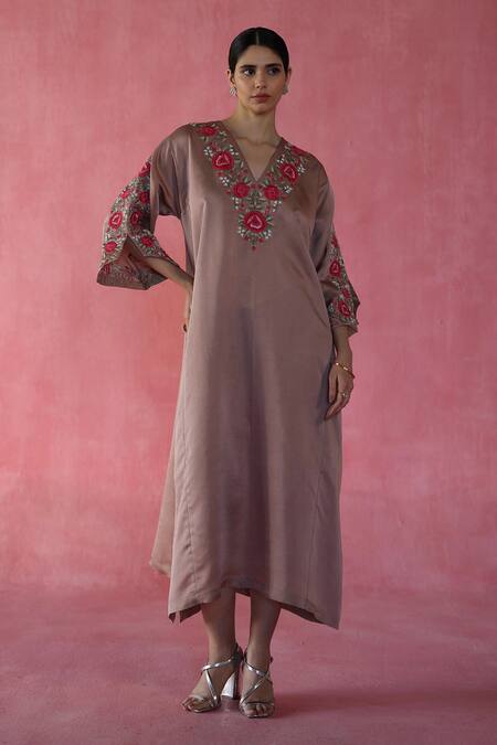 Shop_Begum_Beige Silk Embroidery V-neck Dola Sheermal Kaftan _Online_at_Aza_Fashions