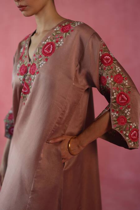 Begum_Beige Silk Embroidery V-neck Dola Sheermal Kaftan _at_Aza_Fashions