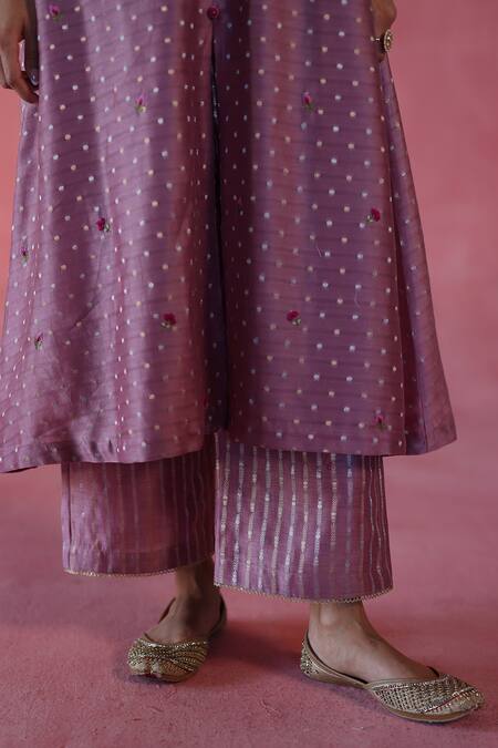 Begum_Purple Chanderi Silk, Cotton, Silk, Organza Beads, Zari Booti Kurta Set _at_Aza_Fashions