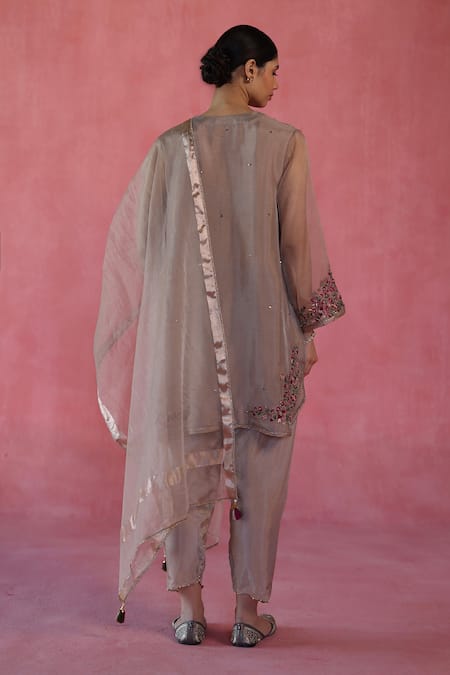 Shop_Begum_Beige Silk, Organza Embroidery Round Neck Kewra Hand Kurta Set _at_Aza_Fashions