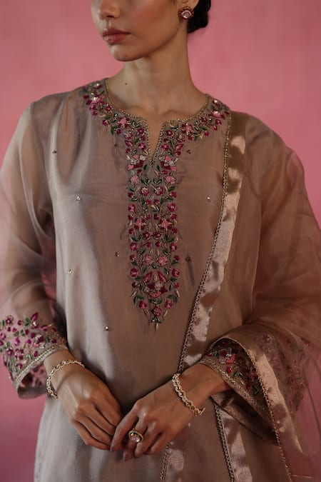 Buy_Begum_Beige Silk, Organza Embroidery Round Neck Kewra Hand Kurta Set _Online_at_Aza_Fashions