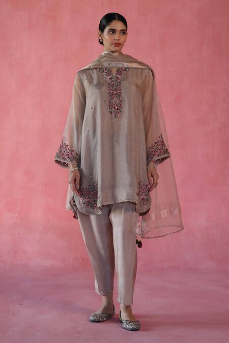 Shop_Begum_Beige Silk, Organza Embroidery Round Neck Kewra Hand Kurta Set _Online_at_Aza_Fashions