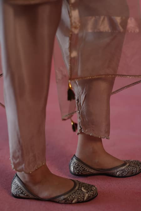 Begum_Beige Silk, Organza Embroidery Round Neck Kewra Hand Kurta Set _at_Aza_Fashions