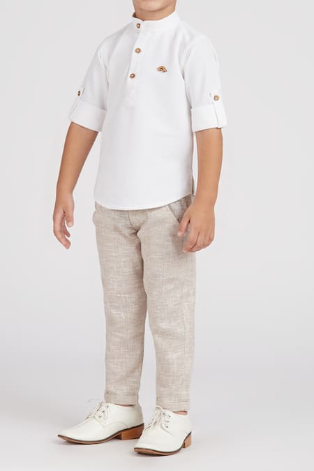 Petite Pomme White Cotton, Linen Boys Short Kurta Set With Beige Pants Online at Aza Fashions Petite Pomme_White Cotton, Linen Boys Short Kurta Set With Beige Pants _Online_at_Aza_Fashions