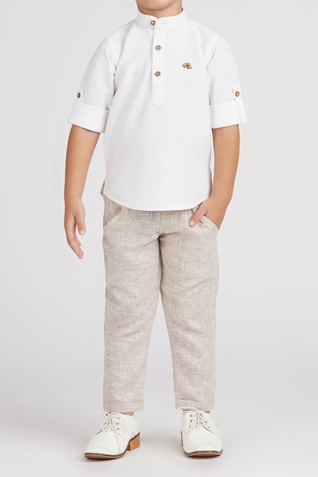 Buy Petite Pomme White Cotton, Linen Boys Short Kurta Set With Beige Pants Online at Aza Fashions Buy_Petite Pomme_White Cotton, Linen Boys Short Kurta Set With Beige Pants _Online_at_Aza_Fashions