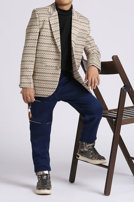 Shop_Petite Pomme_Beige Polyester Fawn Stripe Pattern Blazer _Online_at_Aza_Fashions