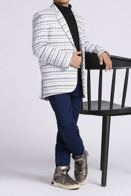 Shop Petite Pomme White Polyester Stripe Pattern Blazer Online at Aza Fashions Shop_Petite Pomme_White Polyester Stripe Pattern Blazer _Online_at_Aza_Fashions