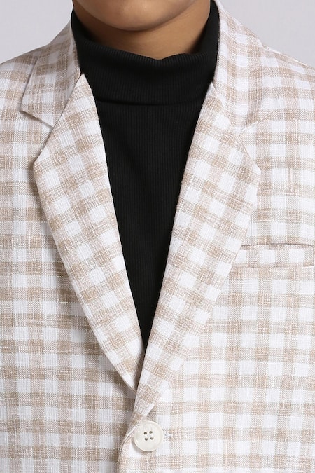 Petite Pomme_Fuchsia Linen Checks Pattern Fawn Blazer _Online_at_Aza_Fashions