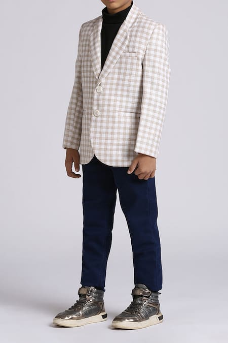 Buy_Petite Pomme_Fuchsia Linen Checks Pattern Fawn Blazer _Online_at_Aza_Fashions