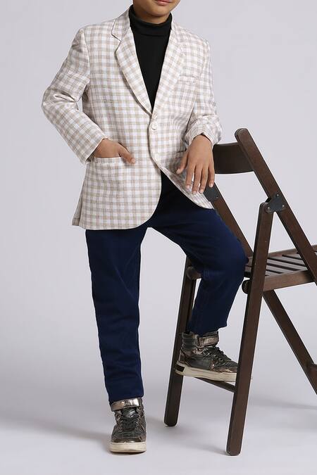 Shop_Petite Pomme_Fuchsia Linen Checks Pattern Fawn Blazer _Online_at_Aza_Fashions