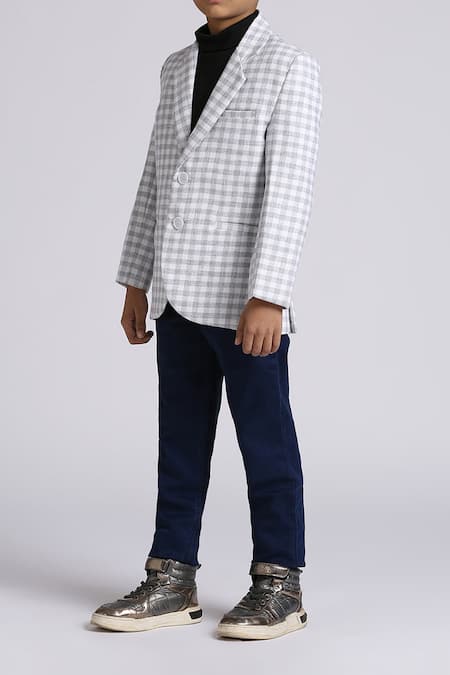 Buy_Petite Pomme_Gray Linen Checked Grey Blazer _Online_at_Aza_Fashions