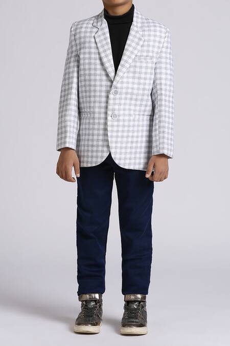 Shop_Petite Pomme_Gray Linen Checked Grey Blazer _Online_at_Aza_Fashions