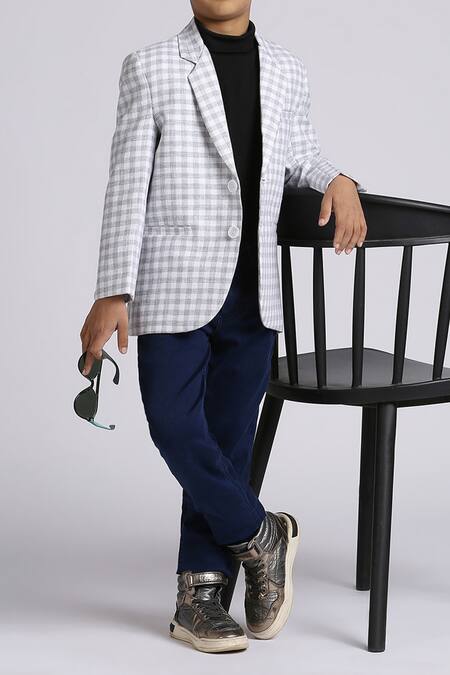 Petite Pomme_Gray Linen Checked Grey Blazer _at_Aza_Fashions