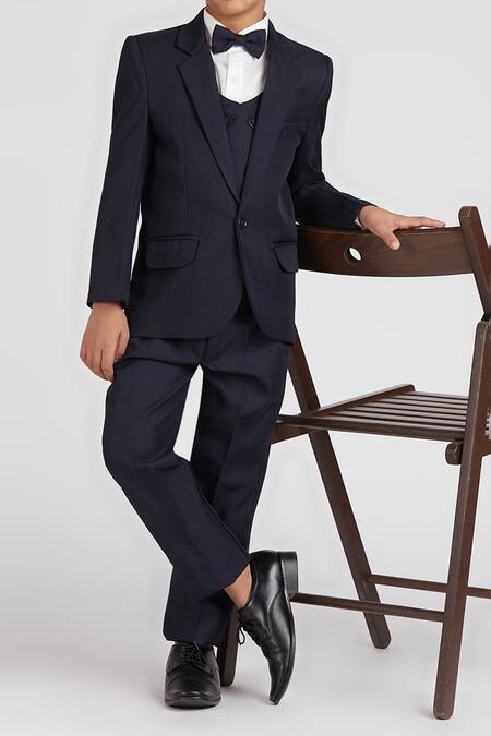 Petite Pomme_Navy Polyester, Cotton Satin Blue Solid 5 Pcs Suit Set _at_Aza_Fashions