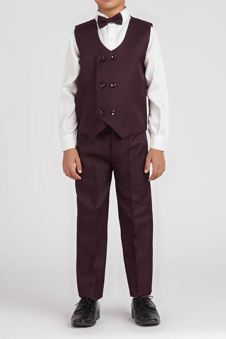 Buy_Petite Pomme_Wine Polyester, Cotton Satin Solid 5 Pcs Suit Set _Online_at_Aza_Fashions