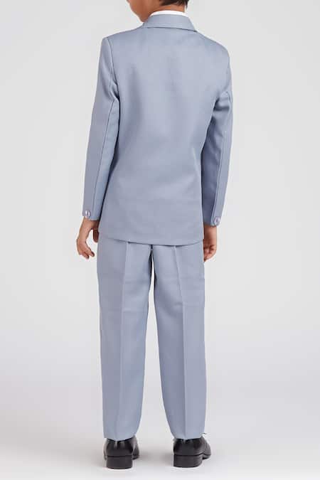 Shop Petite Pomme Gray Polyester, Cotton Satin Solid Grey Suit Set For Boys at Aza Fashions Shop_Petite Pomme_Gray Polyester, Cotton Satin Solid Grey Suit Set For Boys _at_Aza_Fashions