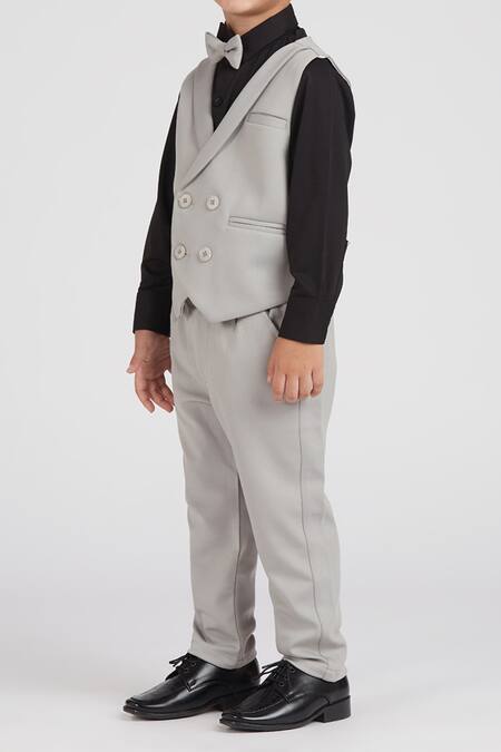 Petite Pomme_Black Cotton Satin, Polyester Elegant Grey Kids Suit Set _Online_at_Aza_Fashions