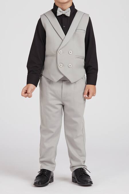 Buy_Petite Pomme_Black Cotton Satin, Polyester Elegant Grey Kids Suit Set _Online_at_Aza_Fashions