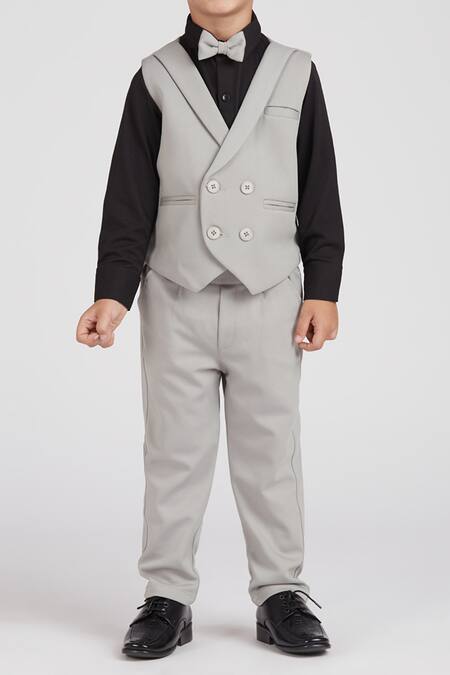 Petite Pomme_Black Cotton Satin, Polyester Elegant Grey Kids Suit Set _at_Aza_Fashions