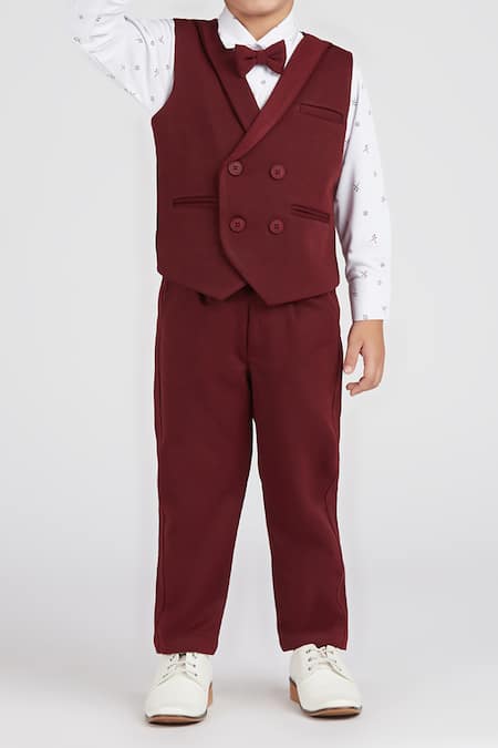 Petite Pomme_White Cotton Satin, Polyester Maroon Kids Suit Set With Printed Shirt _Online_at_Aza_Fashions