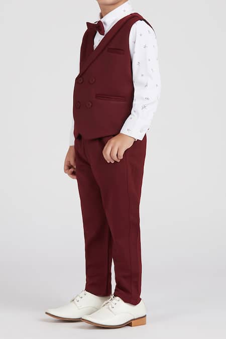 Buy_Petite Pomme_White Cotton Satin, Polyester Maroon Kids Suit Set With Printed Shirt _Online_at_Aza_Fashions