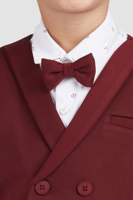 Petite Pomme_White Cotton Satin, Polyester Maroon Kids Suit Set With Printed Shirt _at_Aza_Fashions