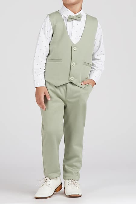 Petite Pomme_White Cotton Satin, Polyester Olive Green Kids Suit Set _Online_at_Aza_Fashions