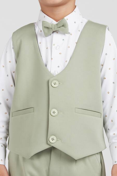 Petite Pomme_White Cotton Satin, Polyester Olive Green Kids Suit Set _at_Aza_Fashions