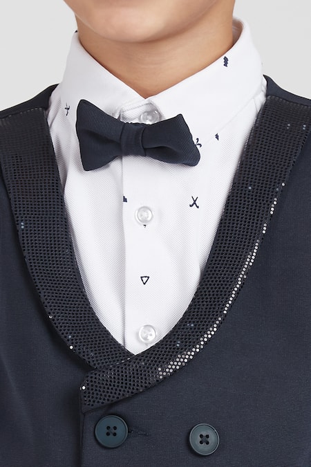 Shop_Petite Pomme_White Cotton Satin, Polyester Navy Blue 4 Pcs Suit Set _Online_at_Aza_Fashions