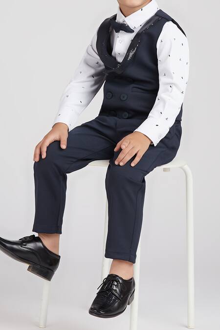 Petite Pomme_White Cotton Satin, Polyester Navy Blue 4 Pcs Suit Set _at_Aza_Fashions