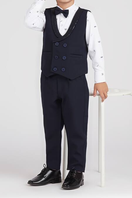 Petite Pomme_White Cotton Satin, Polyester Navy Blue Kids 4-piece Suit Set _Online_at_Aza_Fashions