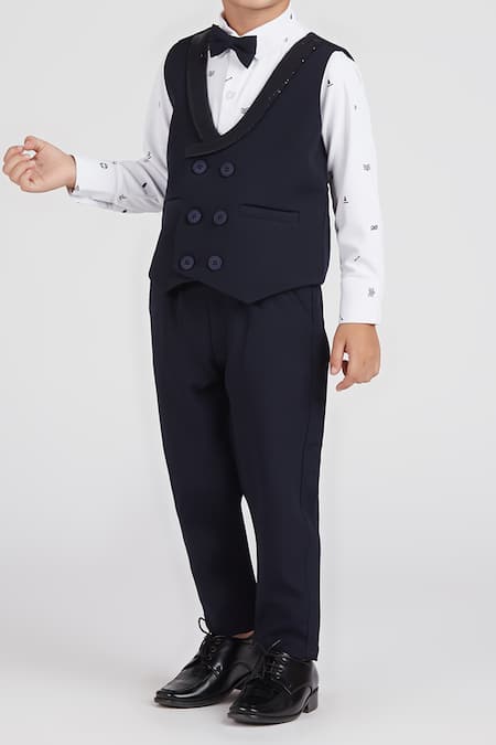 Buy_Petite Pomme_White Cotton Satin, Polyester Navy Blue Kids 4-piece Suit Set _Online_at_Aza_Fashions